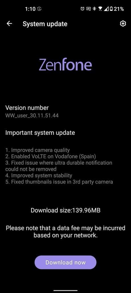 Actualización de ASUS ZenFone 8 segundos