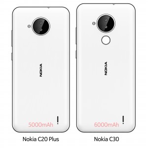 Dibujos de Nokia C20 Plus y Nokia C30 que muestran baterías de 5,000 mAh y 6,000 mAh, respectivamente