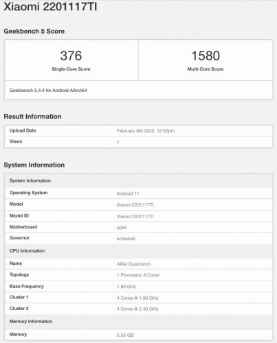 Xiaomi Redmi Note 11 4G India variante Tarjeta de puntuación Geekbench